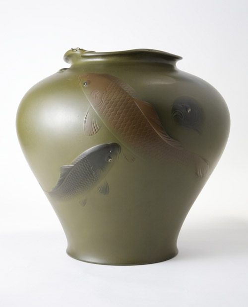 海】一乗軒 大島 如雲 作 鋳銅 瓢蝸牛 彫刻 花瓶 唐木台付 共箱 本物